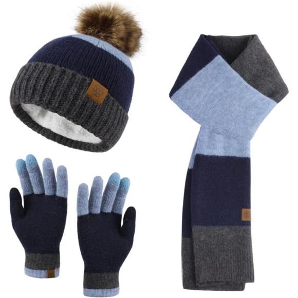 3-in-1 Winter Beanie Hat Scarf Gloves Knitted Set, Deepblue Gray